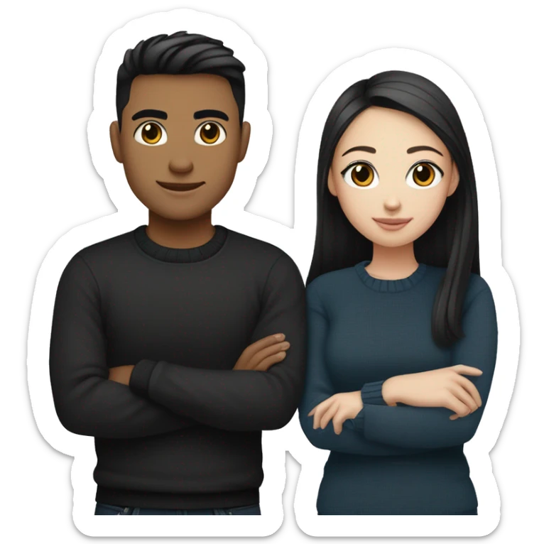 dark Blonde girl with blue eyes in black sweater and an east asian with light skin man with black hair and black eyes hugging sticker