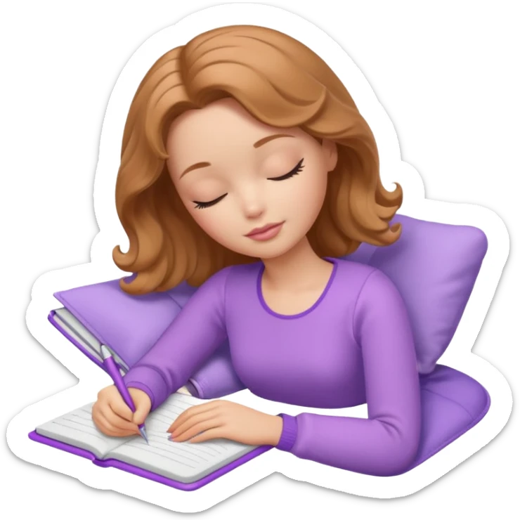 White Barbie girl Chestnut bob wavy hair sleeping with In lavender clothes, he writes in a notebook sticker