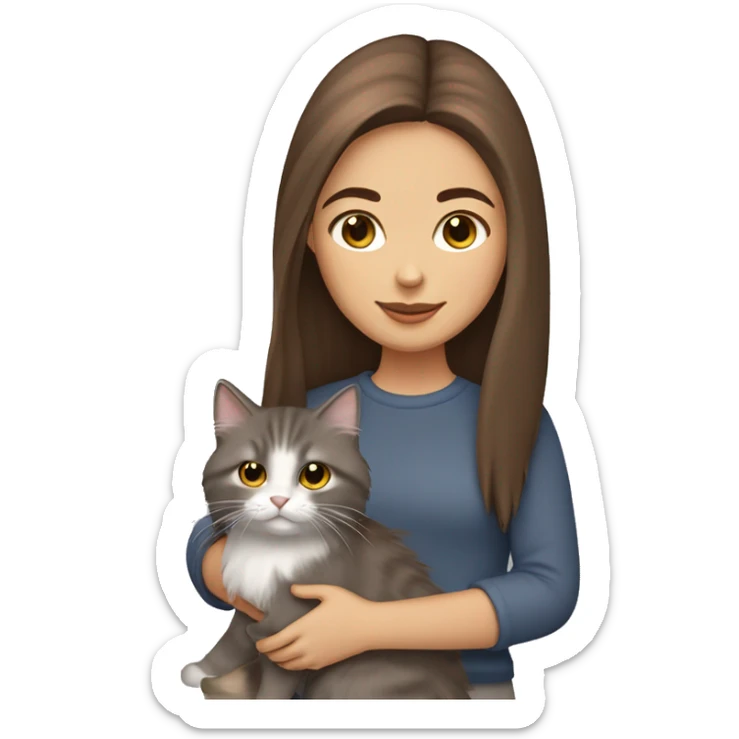  Chestnut brown straight hair girl holding fluffy Siberian gray cat  sticker