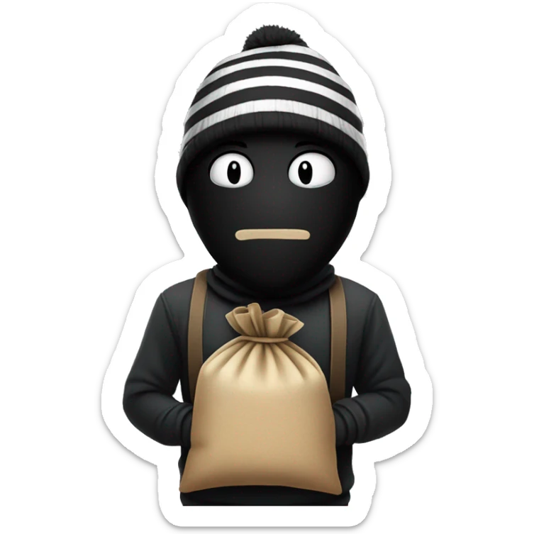 A cartoon figure in a black mask, striped shirt, and beanie, holding a tied sack with a sly expression sticker