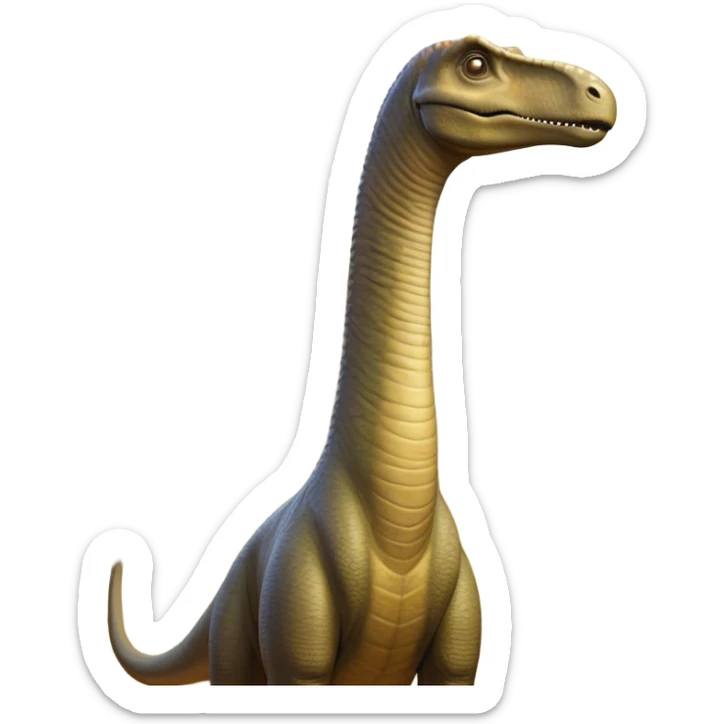 Cinematic Noble Brachiosaurus Portrait Emoji, Poised and majestic, with a towering, elongated neck stretching gracefully from a robust, column-like body, a small, gentle head with curious eyes, and subtle, textured skin in earthy tones, Simplified yet sharply defined features, highly detailed, glowing with a soft, golden radiance, high shine, intelligent and serene, stylized with an air of prehistoric grandeur, focused and calm, soft glowing outline, capturing the essence of a watchful and confident Brachiosaurus that appears ready to gracefully emerge from the screen with effortless power! sticker