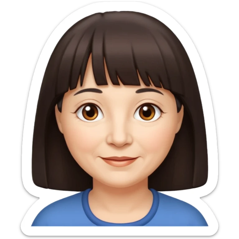 60 yr old woman, very small brown eyes, long straight dark brown hair, bangs, chubby, long face sticker