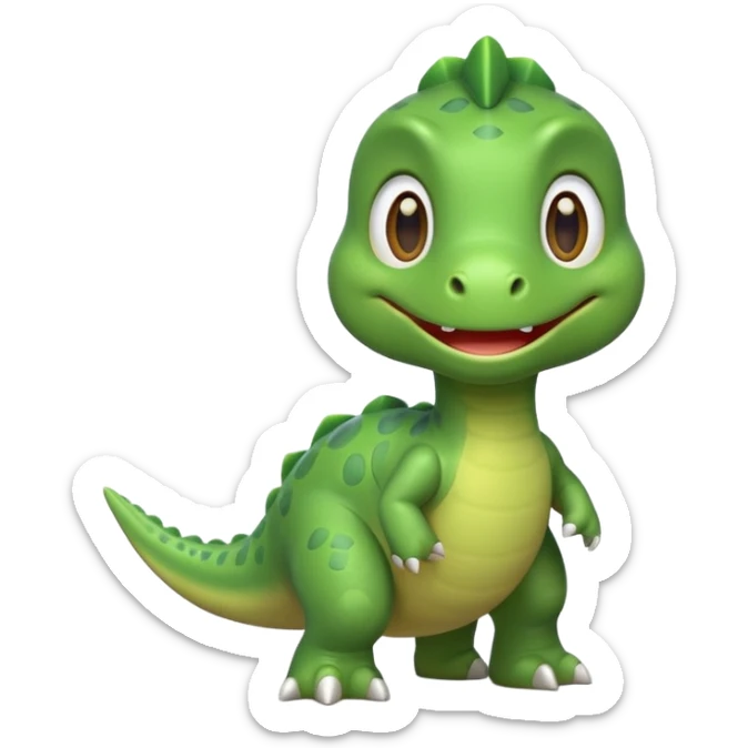 Cute green dinosaur emoji with round body, big eyes, small arms, soft shadows, smooth outlines, glossy finish, friendly smile, simple flat design, high-detail yet minimal style, perfect for emoji set, transparent background sticker