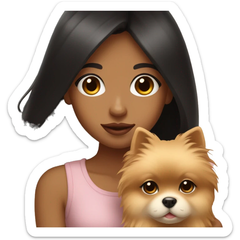 A girl with long black hair, light brown eyes, big lips, holding a light pomeranian in her hands sticker