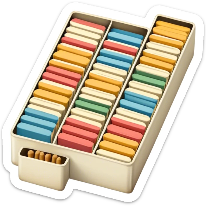 Icon for Matchbox Collecting: a collection of colorful vintage matchboxes arranged in a row, with the match tips visible on the sides. The icon should highlight the unique design and charm of the matchboxes from various places. Transparent background. sticker