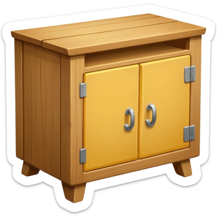 Compact emoji-style icon showing a small wooden cabinet with one door slightly open, a hammer resting beside it, and a plank of wood leaning in the background. Light brown wood tones, silver hammer head, yellow handle. Soft shadows, clean glossy look.  sticker