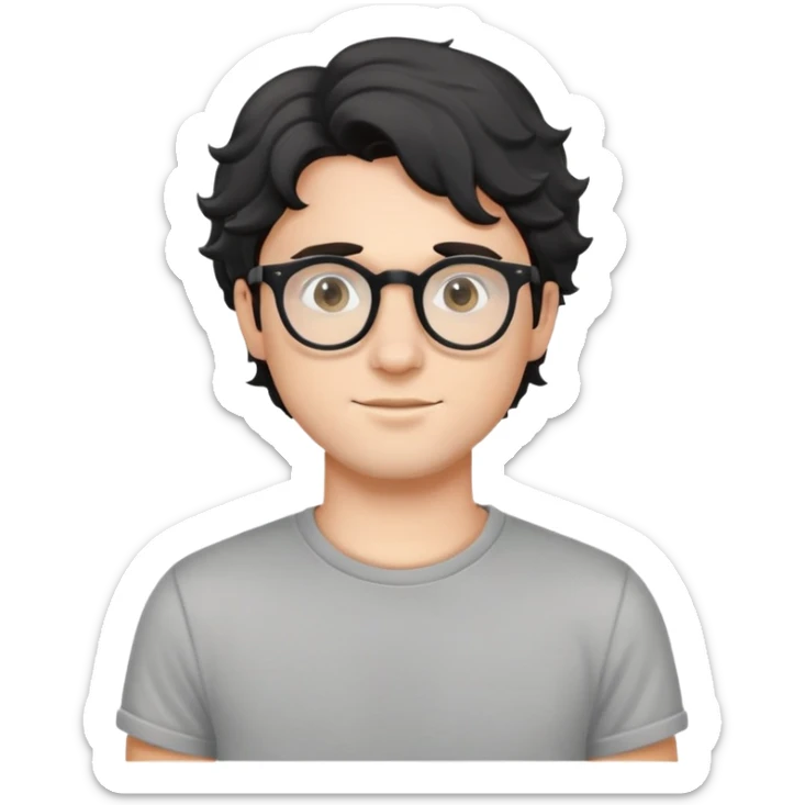 Young caucasian man with black wavy hair, round glasses, wearing a grey t-shirt sticker