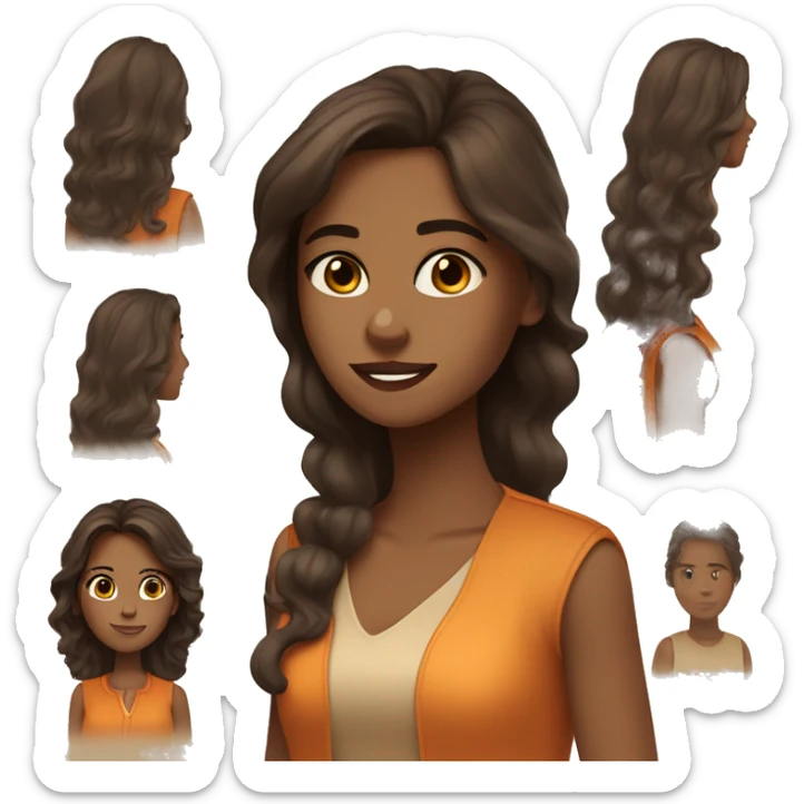 a charming tanned woman wavy chocolate hair, caramel eyes, beige shirt, orange vest sticker