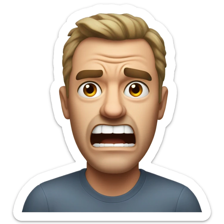 Create an emoji of an Australian dad who looks mad or is shouting. He should have a slightly angry expression with furrowed brows and an open mouth, as if he's shouting. Avoid any smile; instead, show a frustrated or intense expression. sticker