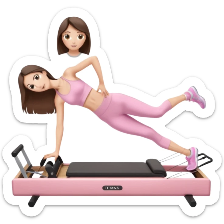 pretty skinny white brunette teen long hair with hazel eyes and a small waist in light pink workout clothes in a plank on a pilates reformer sticker