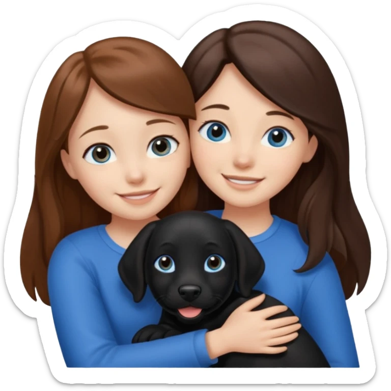 girl with brwon long hair and blyue eyes huggibg a black lab sticker