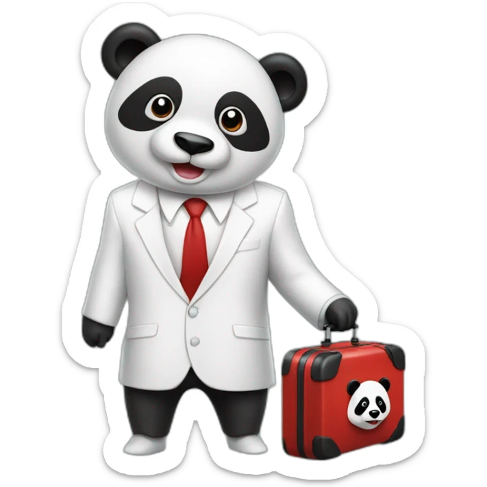 A man with white suit and red tie and a panda face eating a hotdog and holding a black suitcase sticker
