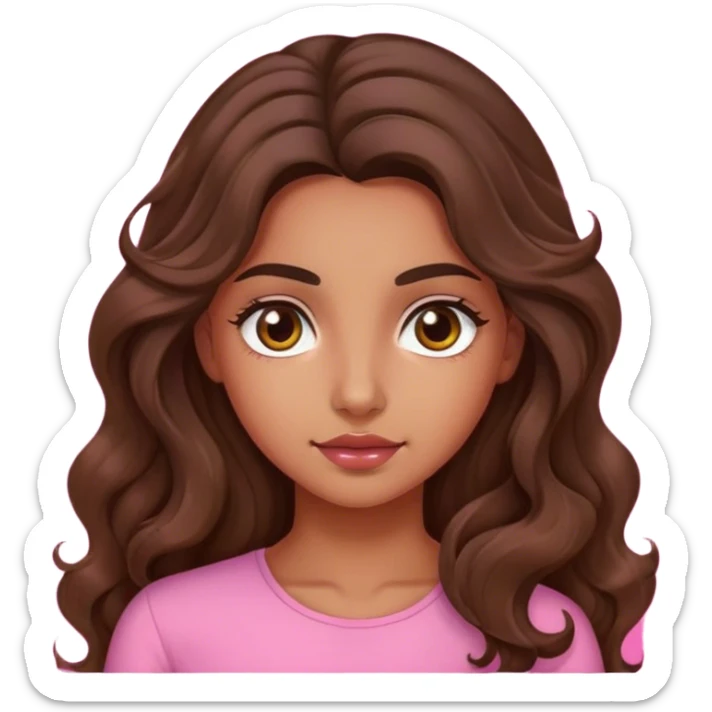 girl with long brown wavy hair and olive skin with pink background sticker