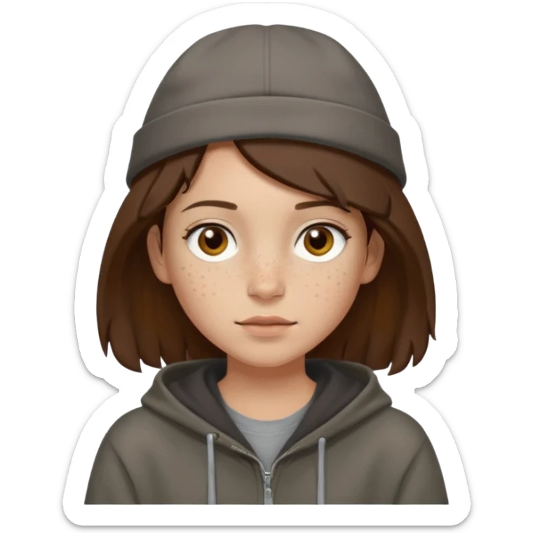 Hobo tomboy with light skin, freckles, shoulder-length center-parted dark brown hair. brown eyes, dark dull brown hoodie, grey shirt. Flat crown bolero hat sticker