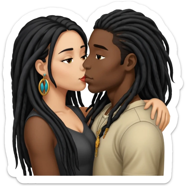 Latina Woman with long hair kissing a young black guy with dreads no beard sticker