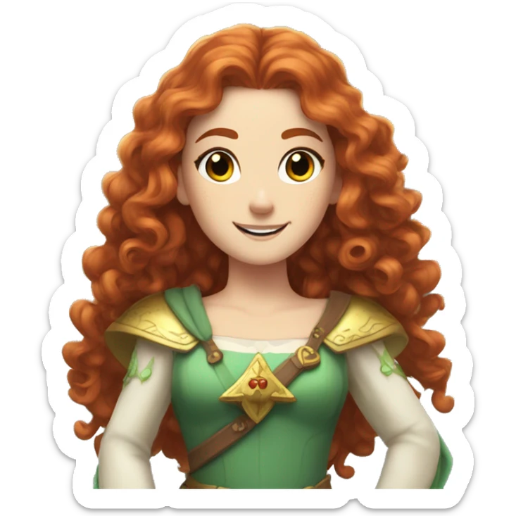 a white girl with long red curly hair and freckles, cosplaying Princess Zelda posing and smiling sticker