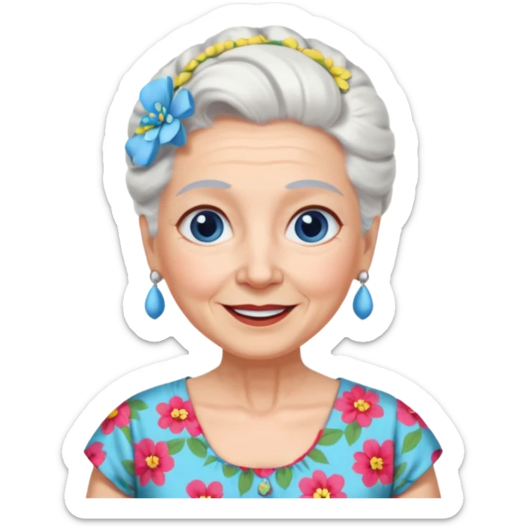 abuela con ojos azules, pelo blanco, pelo blanco y amarrado, aspecto feliz sticker