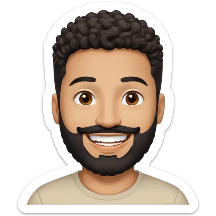 Latino man in his late 30s with warm brown skin. Round face. Big bright smile showing joy. Lively dark brown eyes. Thick defined eyebrows. Short tight curly black hair with fade on sides. Full black beard, neatly trimmed. Wearing a light beige round-neck t-shirt. sticker