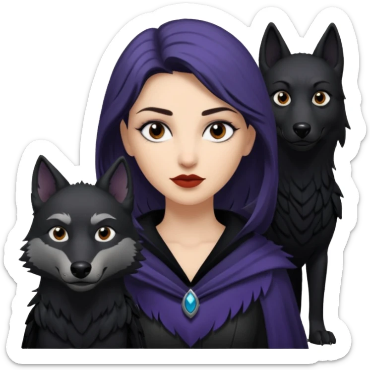 Alysanne Blackwood from Game of Thrones. She is known as black aly and is the Wife of Cregan Stark. I have her looking like Hande Erçel. Show her with a raven and a wolf sticker