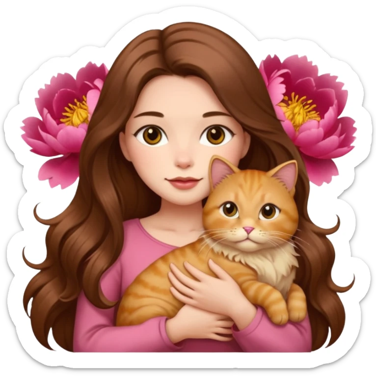 pretty woman a long hair brown color holding a fat cat fluffy golden in a peony sticker
