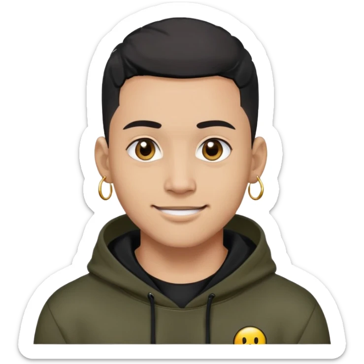 man with black military haircut, brown eyes, wearing 2 circle earrings and a black hoodie with a smiley face sticker