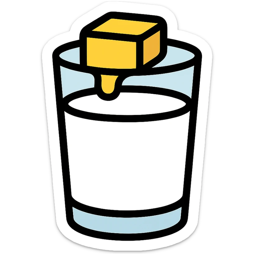 a glass of milk with a pat of butter melting on top, creamy and appetizing, icon style sticker
