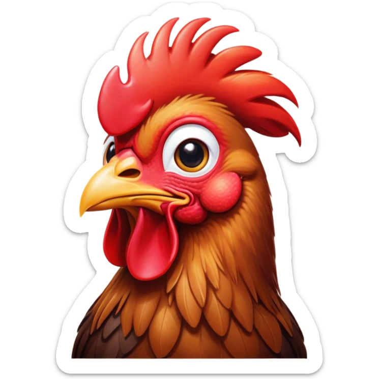 Cinematic Cute Brown Rooster Portrait Emoji, Head tilted playfully and inquisitively, featuring a glossy, immaculate brown plumage with a vibrant red comb, round, sparkling warm eyes filled with curiosity, Simplified yet irresistibly adorable features, highly detailed, glowing with a warm, friendly glow, high shine, affectionate and spirited, stylized with a touch of farmyard whimsy, bright and endearing, soft glowing outline, capturing the essence of a mischievous yet loving rooster, so playful it feels like it could strut out of the screen and into your arms! sticker