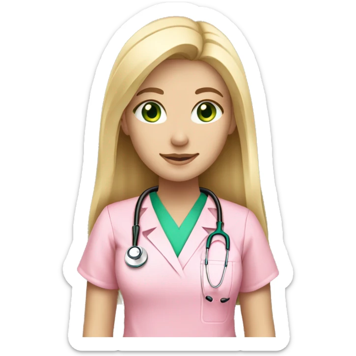 pale blonde girl with long hair and green eyes wearing pink scrubs and stethoscope  sticker