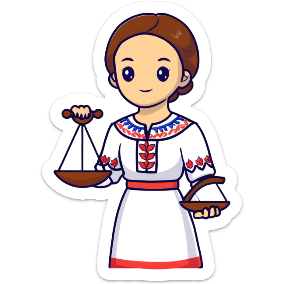 Ukrainian girl with brown hair wearing traditional embroidered shirt (vyshyvanka) holding scales of justice in her hand sticker