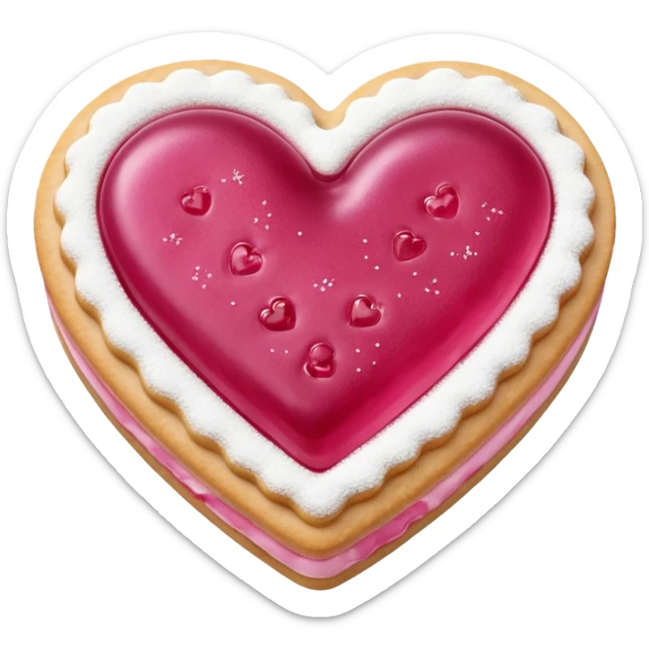 Realistic shortbread cookie in the shape of a heart with pink jelly middle filling and sprinkled powder sugar on top. sticker