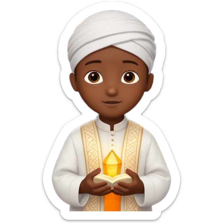 Personnage 3D mignon en style Pixar, un petit garçon portant un qamis blanc et un kufi, tenant un tapis de prière, entouré de lanternes brillantes, fond doux, couleurs chaudes, garçon teint noir sticker