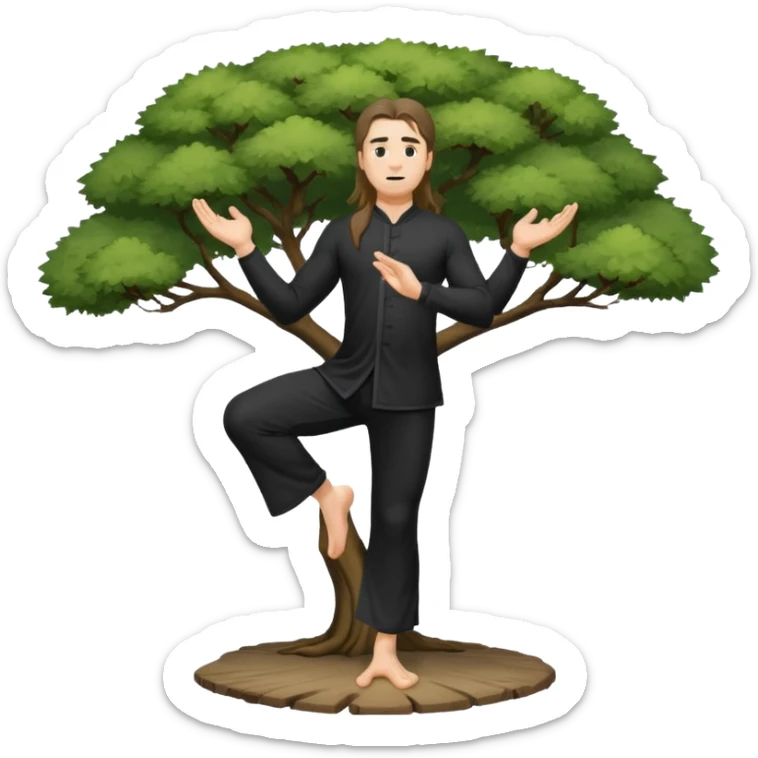 pratiquant de qi gong, homme aux cheveux long, en position de l'arbre, en tenue noire ou blanche. L'image ne contiendra pas d'arbre sticker