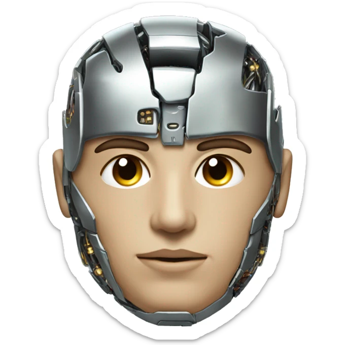 Male cyborg head with metallic plated face, short brown hair and circuitry sticker