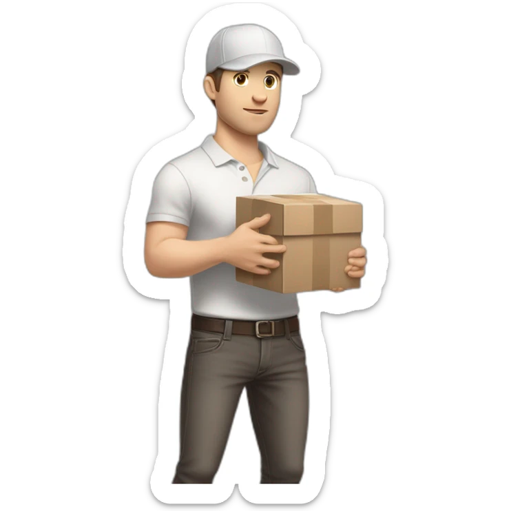 Pale skinned fit Man with dark brown hair in a light gray cap, dark brown jeans, brown polo and white T-shirt keeping a pasted with tape white box into his hands sticker