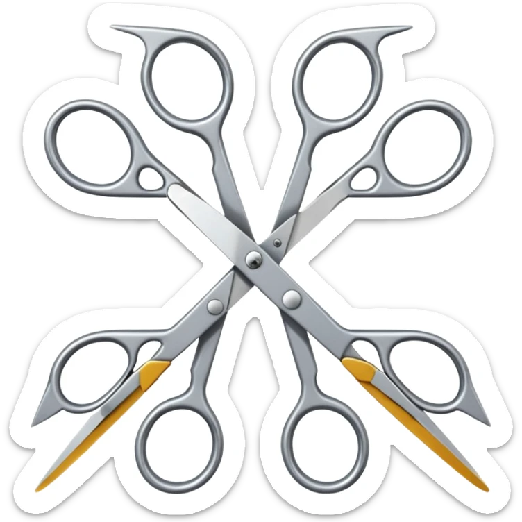 Two pairs of metal scissors arranged so that their open blades are interlocked in an X shape, lying on a white background. sticker