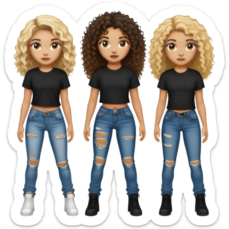 Mixed girl with ripped jeans , a black shirt , curly hair it all dark brown , has 2 blonde spots one on the back and one on the front  sticker