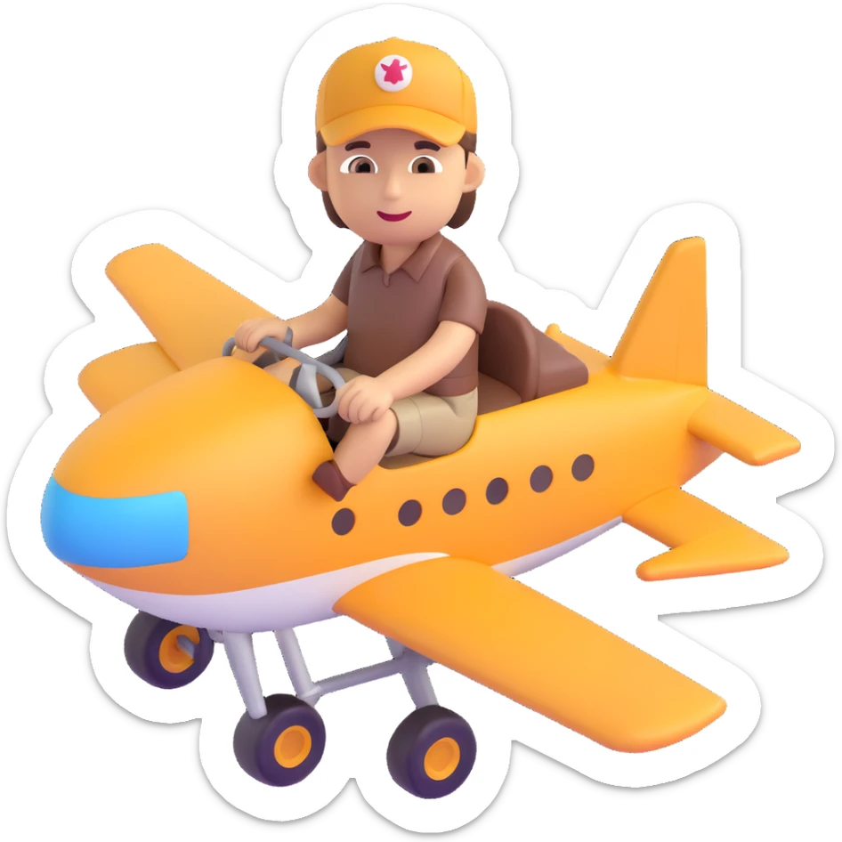 brown male wearing a hat sitting on an aircraft, 3D emoji style sticker