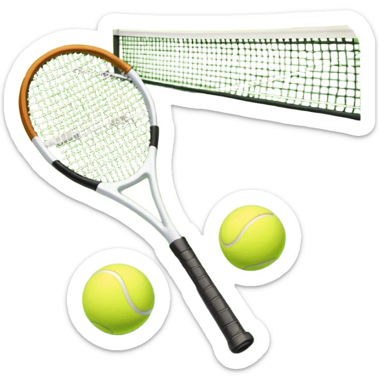 A tennis racket and ball positioned on a grass court, with the net and lines clearly visible in the background. The scene emphasizes the classic elements of the sport, capturing the energy and precision of a tennis match. sticker