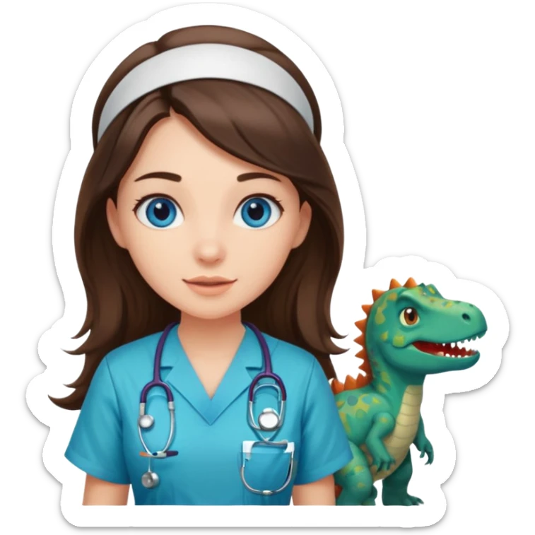 pretty brunette nurse with long hair and blue eyes in dinosaur pattern scrubs sticker