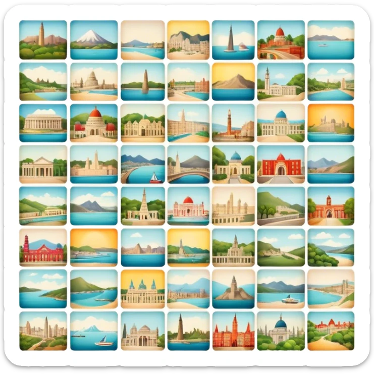 Icon for Postcard Collecting: a collection of colorful vintage postcards, featuring scenic views, landmarks, and greetings, arranged neatly in an album or on a display board. The icon should convey the charm and nostalgia of postcard collecting. Transparent background. sticker