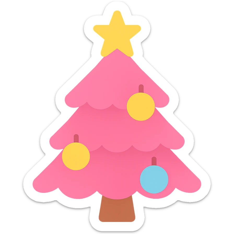 Add a yellow star on top of the pink Christmas tree with shiny decorations, icon style, no background. sticker