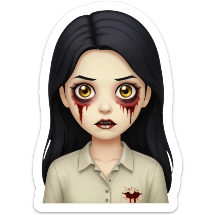 girl zombie with long black hair and beige skin and white shirt sticker