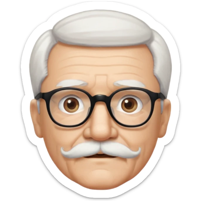 An elderly man with white hair and mustache, wearing black glasses and looking straight ahead with a gentle expression. sticker