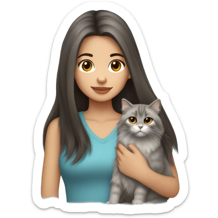 Dark brown straight hair girl with holding fluffy Siberian gray cat  sticker