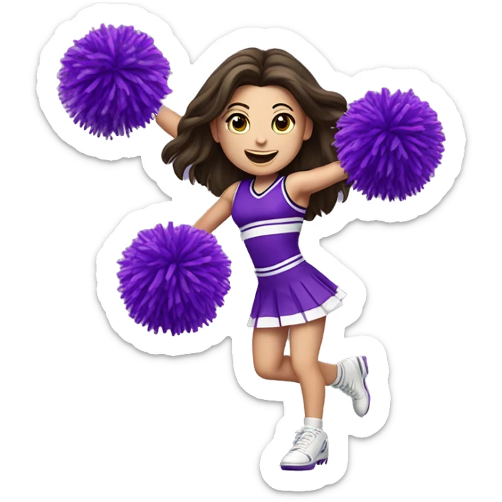 Caucasian cheerleader with long dark brown hair, jumping and holding up two purple Pom poms, small full body emoji sticker