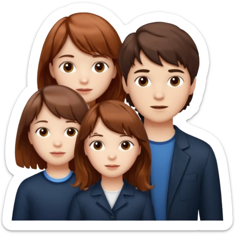Two girls and a boy. Girl one has long, wavy, light to reddish-brown hair with bangs. Girl two has a dark-colored bob haircut. The boy has wavy, tousled, light to reddish-brown hair with a right side parting. sticker