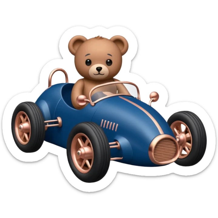 dark blue and rosegold-accented  retro racing car driven by a small evil scary teddy bear with rear spoiler, roll cage, and wheely bar sticker