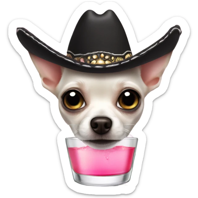 White chihuahua with black eyes and a pink nose with a sombrero on drinking tequila  sticker