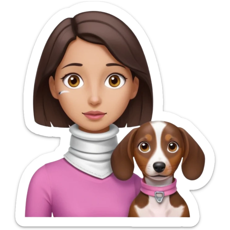 a brunette girl, olive skin, hazel eyes, pink top, neck brace on her neck because she’s injured , piebald dachshund next to her only brown and white sticker