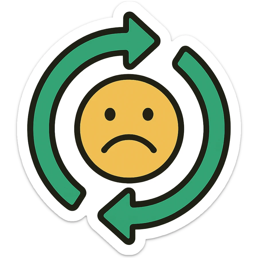 turnover arrows forming a circle with a frowning face in the center, minimalistic, green gold and white color scheme, clean lines, no background sticker
